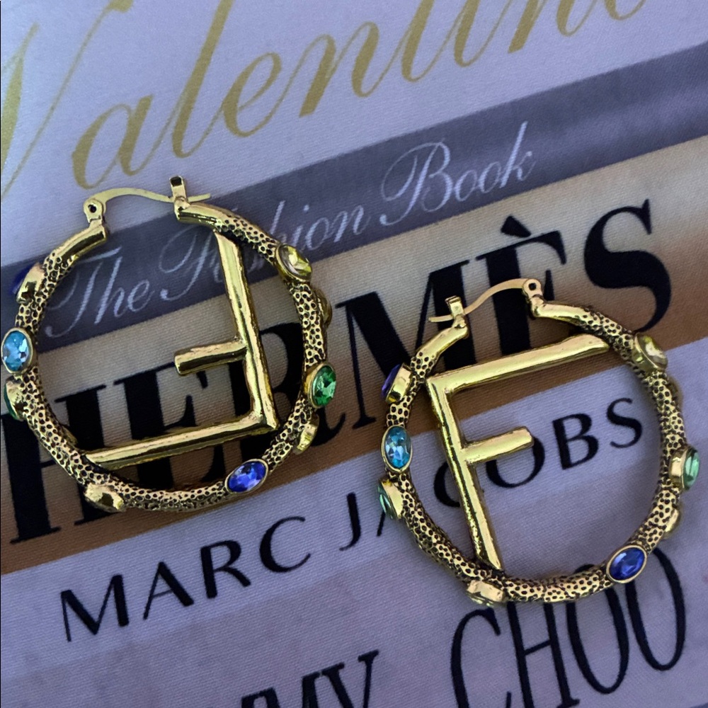 Gold-Plated Brass Multicolor Stone Fendi Style F Hoop Earrings - Picture 3 of 3